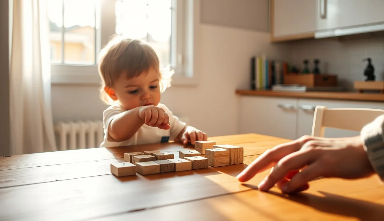 Young child arranging wooden letter tiles on a kitchen table while a parent guides them