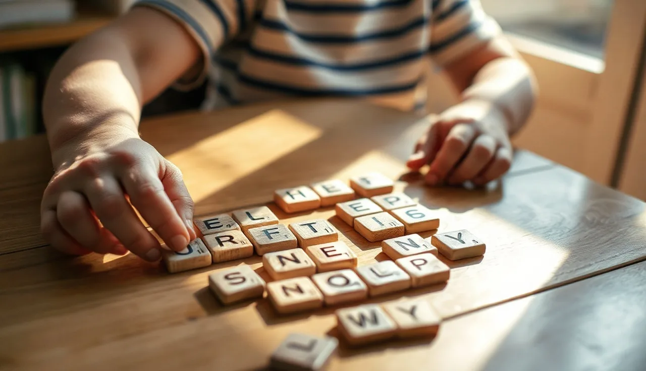 Child's hands building consonant blend words with wooden letter tiles on a table