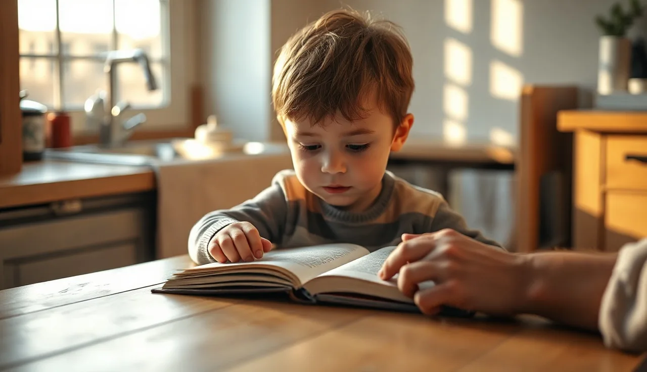 Child reading a small phonics book at a kitchen table with parent nearby