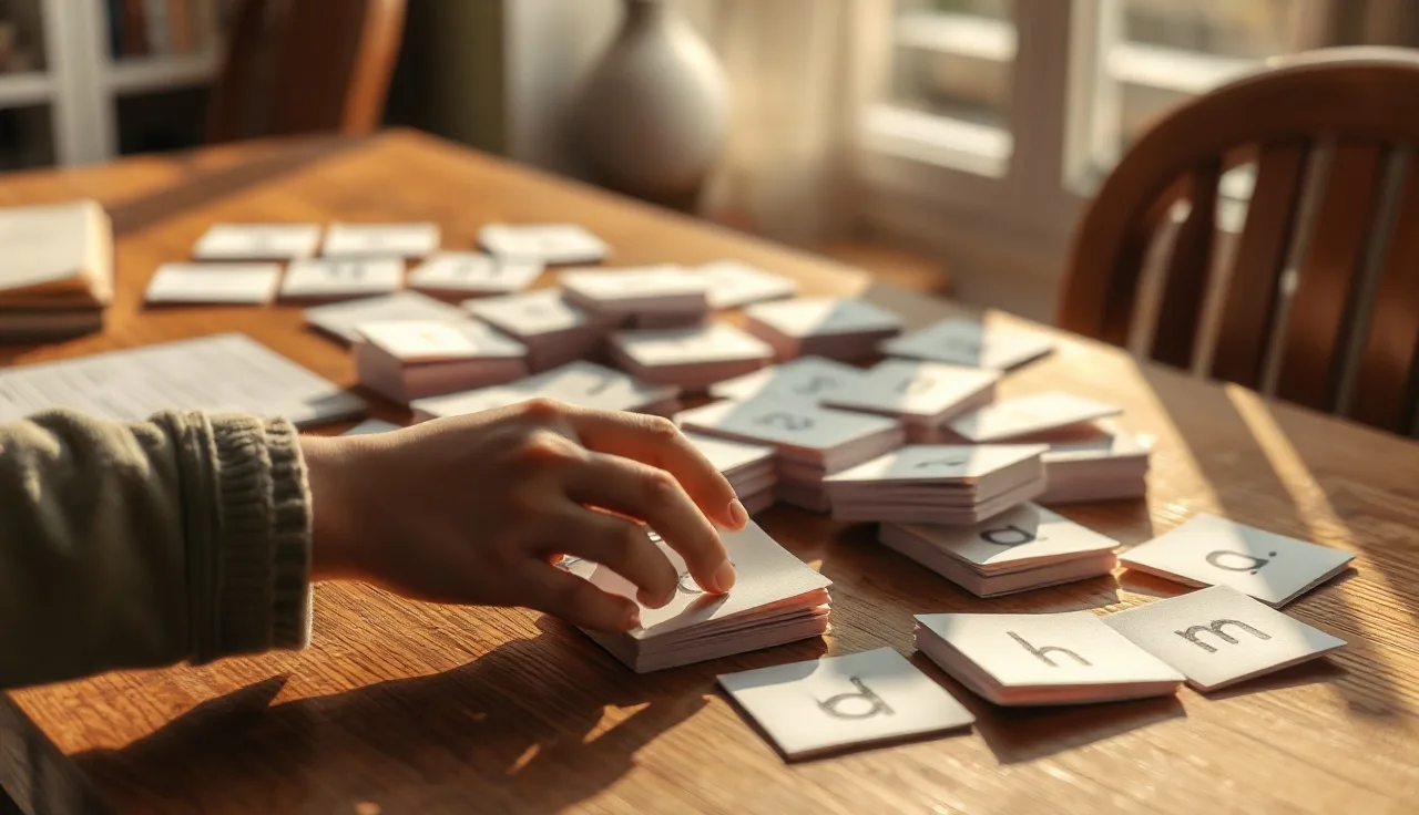 Child's hands sorting handwritten phonics practice cards on a wooden table