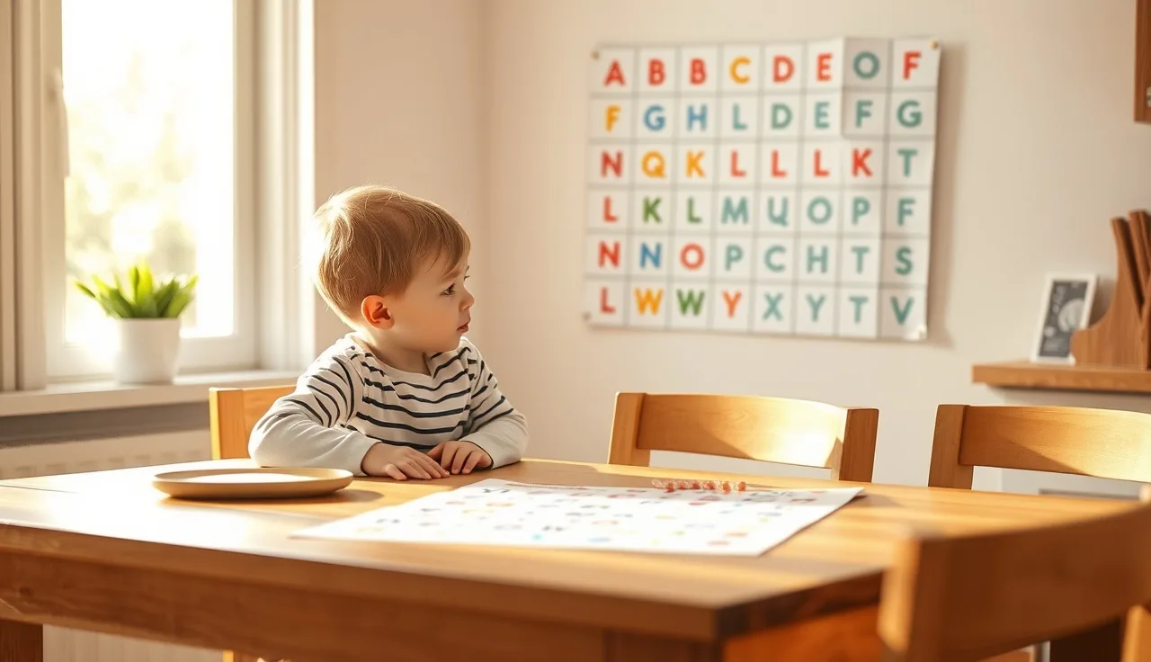 Child and parent pointing at a colorful phonics sound-spelling chart on a wall