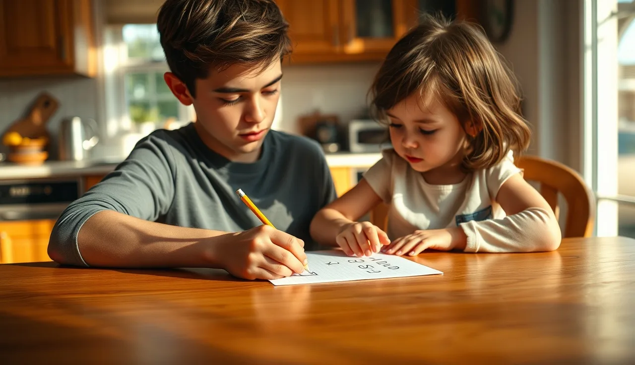 Child tracing letters at a kitchen table during a home phonics lesson