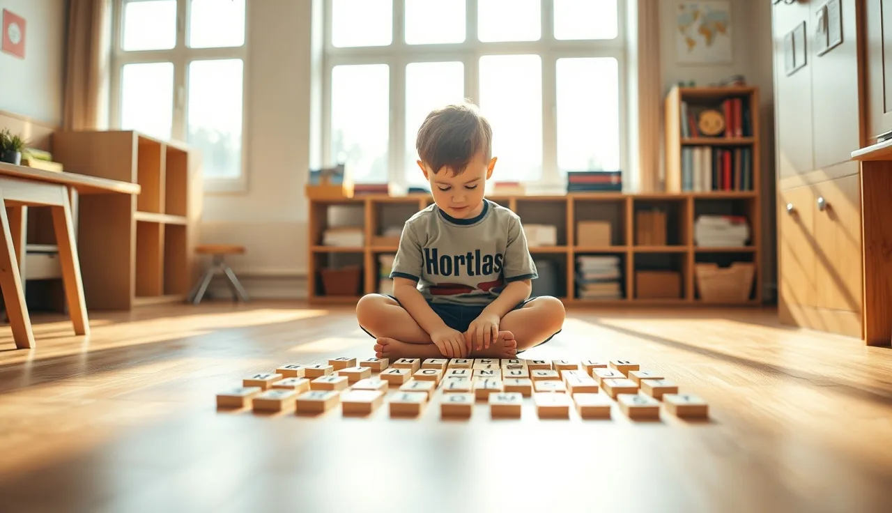 Young child arranging letter tiles on a classroom table while learning phonics patterns