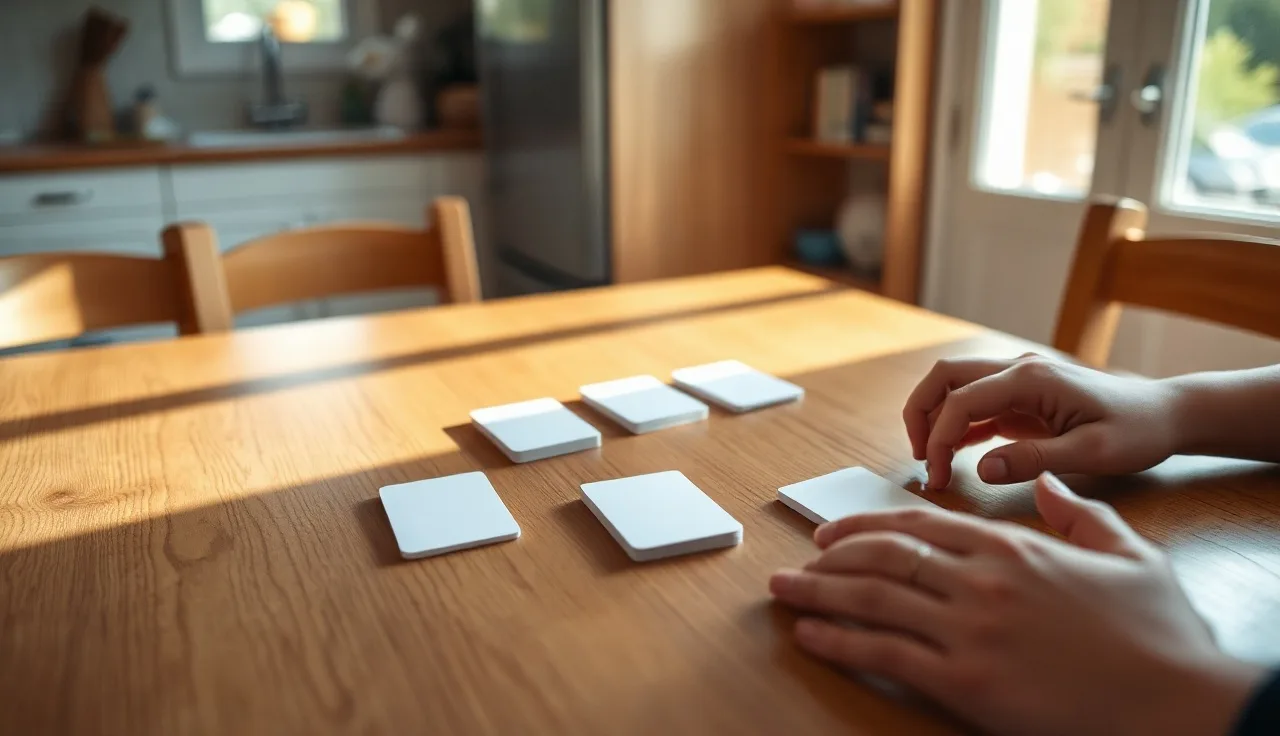 Child's hands arranging phonics flashcards on a wooden table with a parent nearby