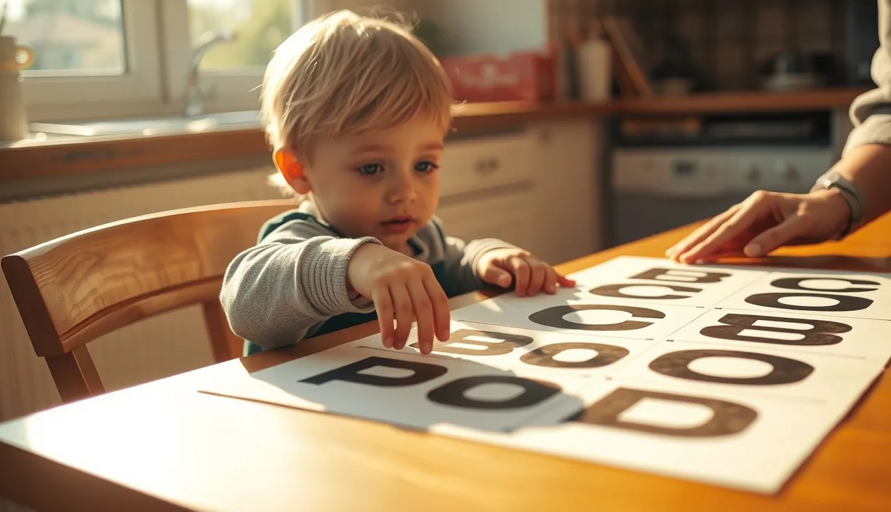 Young child pointing at printed letters during a phonics lesson at home