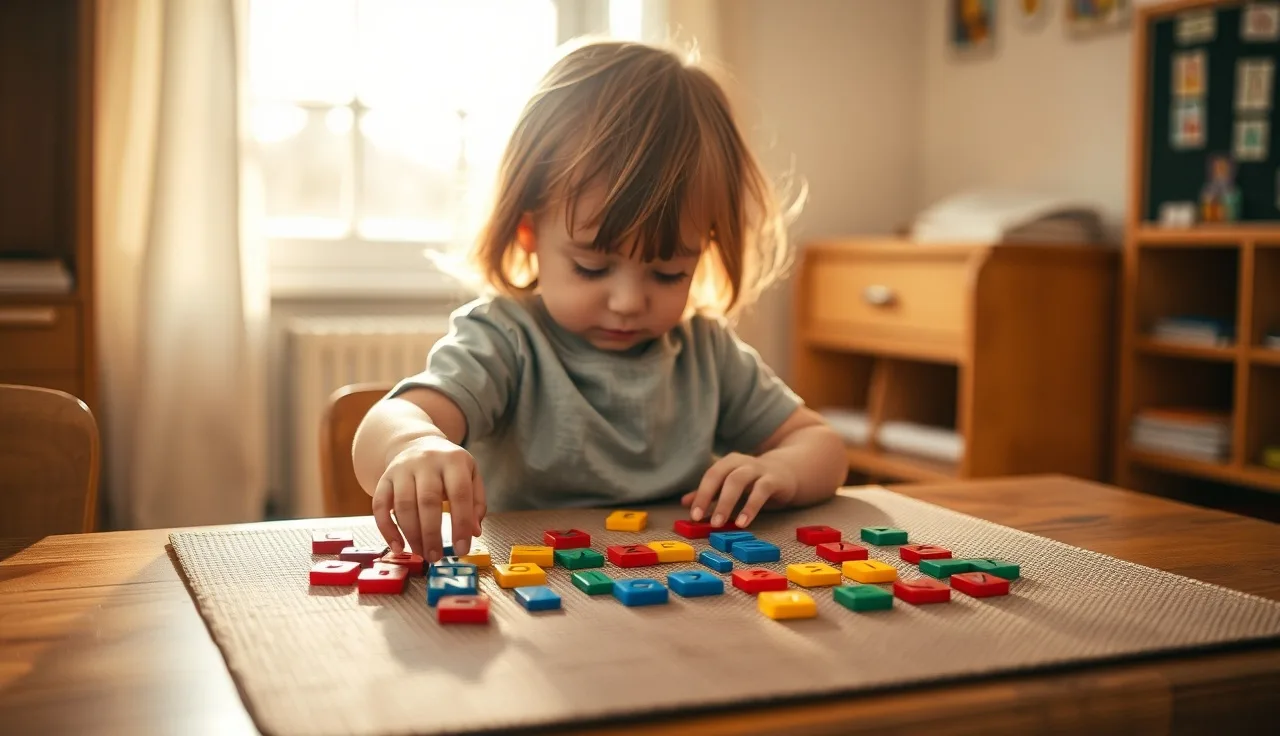 Young child arranging letter tiles on a wooden table while learning phonics