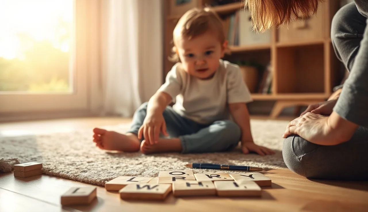 Young child pointing at letter tiles on a rug while learning phonics