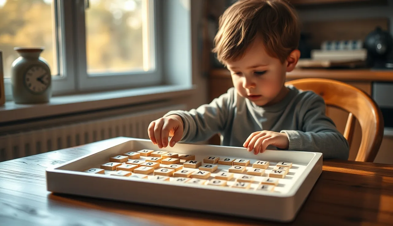 Child arranging letter tiles on a tray while practicing spelling at home