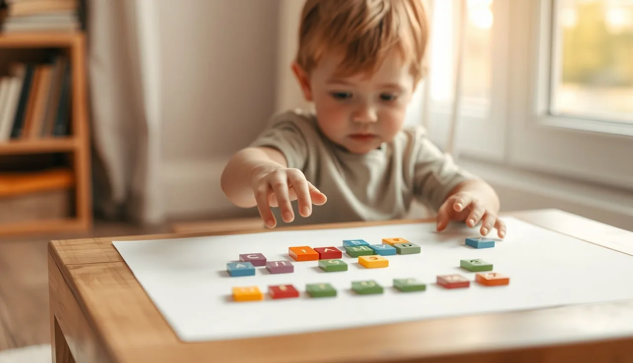 Young child arranging colorful letter tiles on a wooden table during phonics play