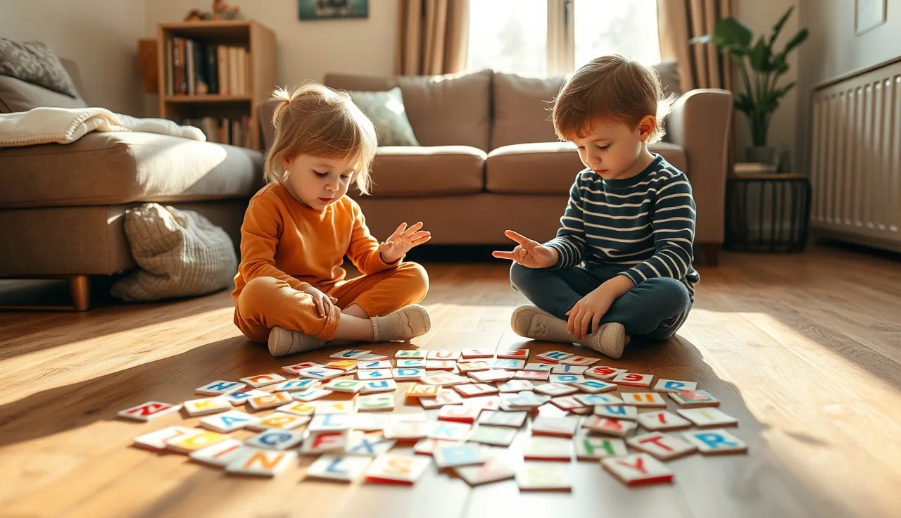 Two children sorting letter cards on a wooden floor playing a phonics game