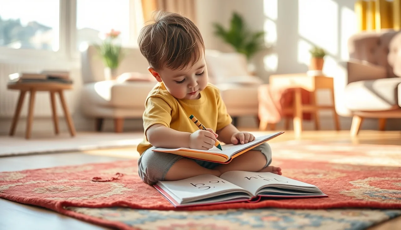 Young child tracing Spanish letters in a notebook in a sunny living room