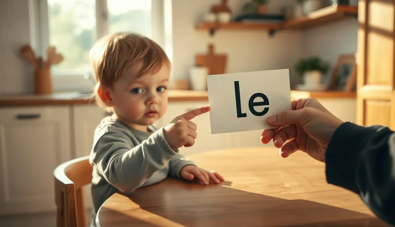 Young child pointing at a letter card during a phonics lesson at home