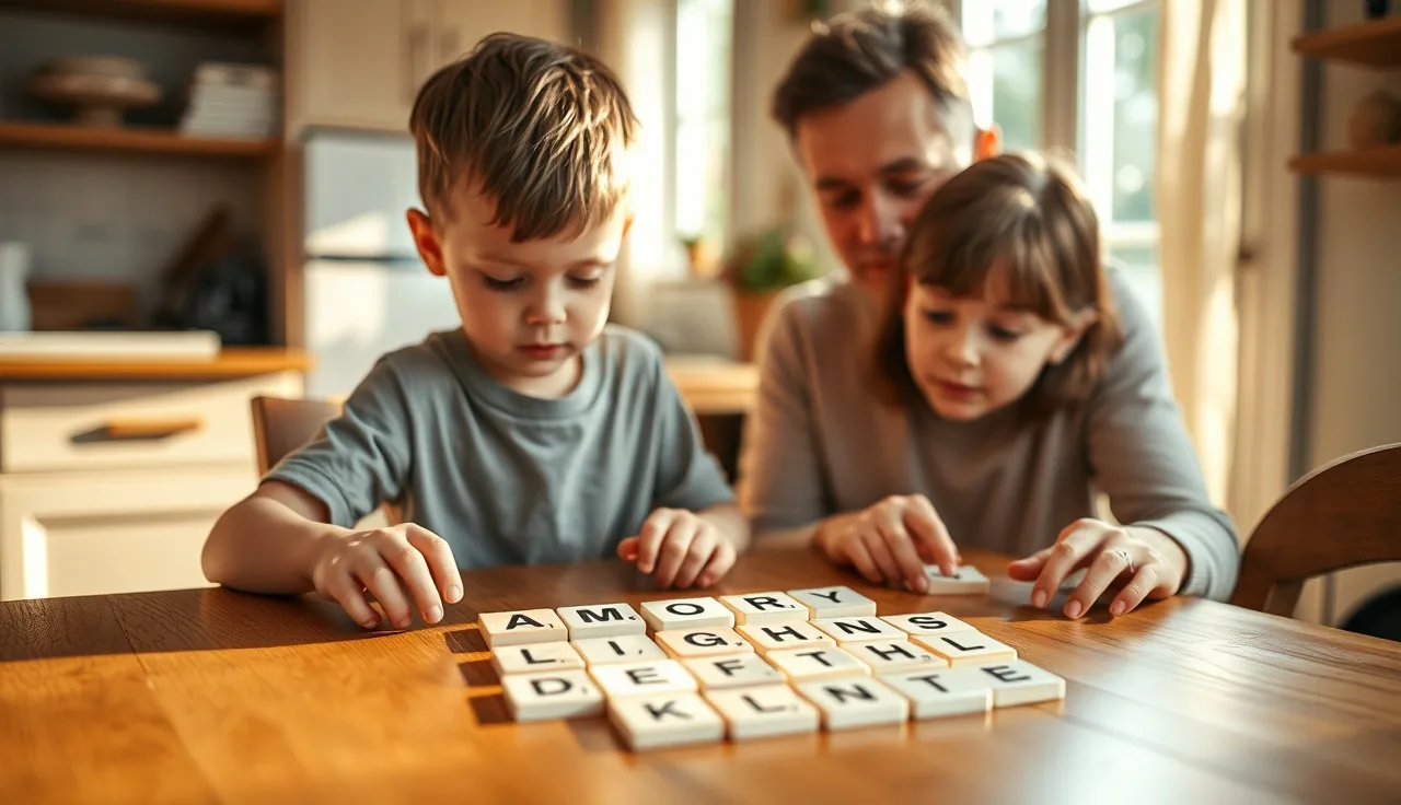 Child and parent building words with letter tiles at a kitchen table