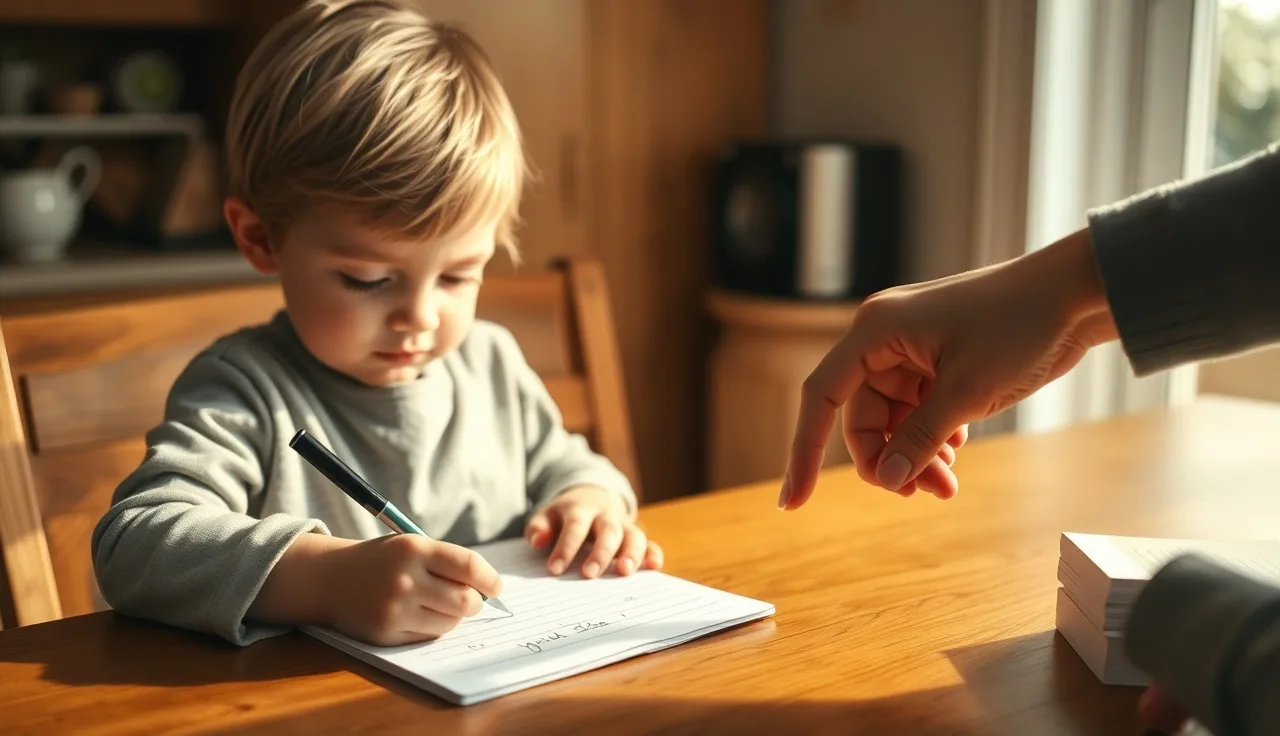 Child writing letters at a kitchen table during a phonics lesson with an adult