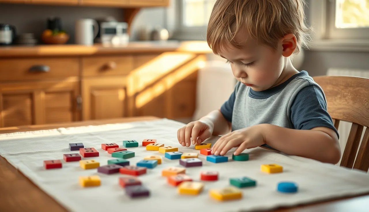 Young child arranging letter tiles on a table while learning phonics
