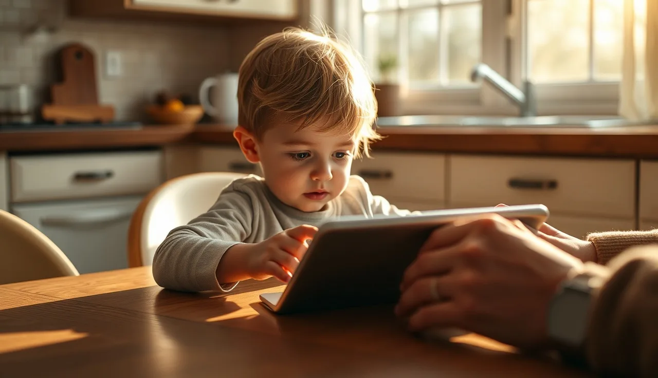 Young child focused on a tablet for phonics practice at a kitchen table