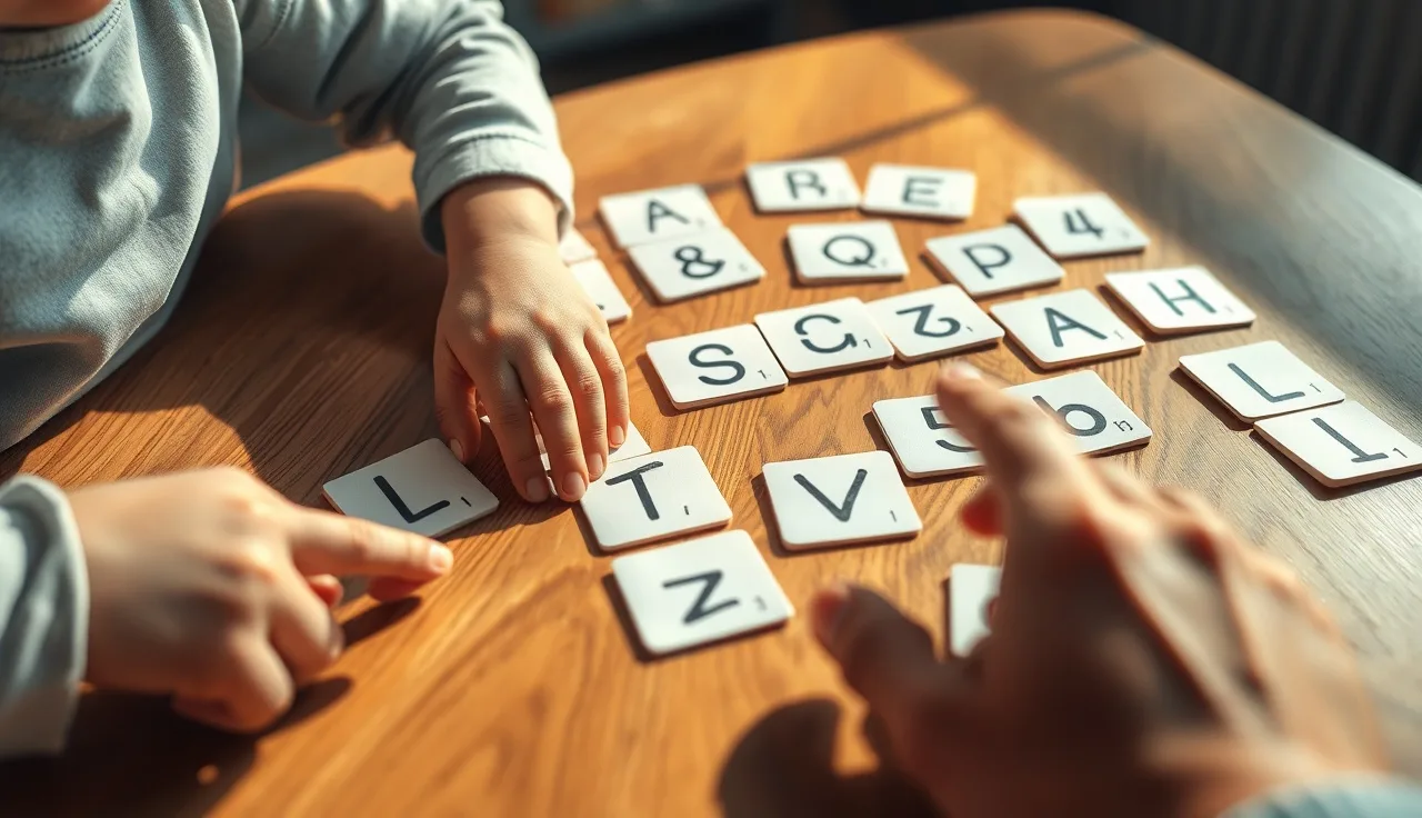 Child's hands tracing phonics letter cards on a wooden table with adult nearby
