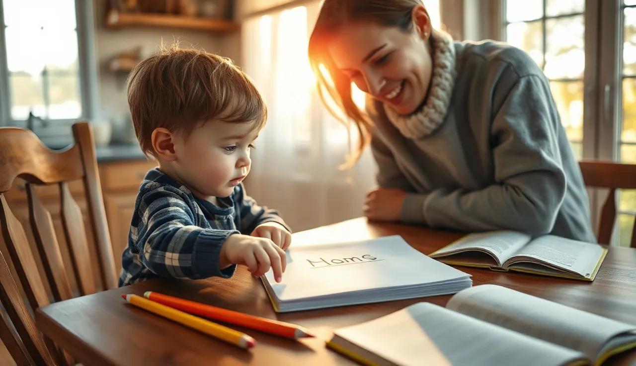 Child and parent working together on phonics practice sheets at a kitchen table