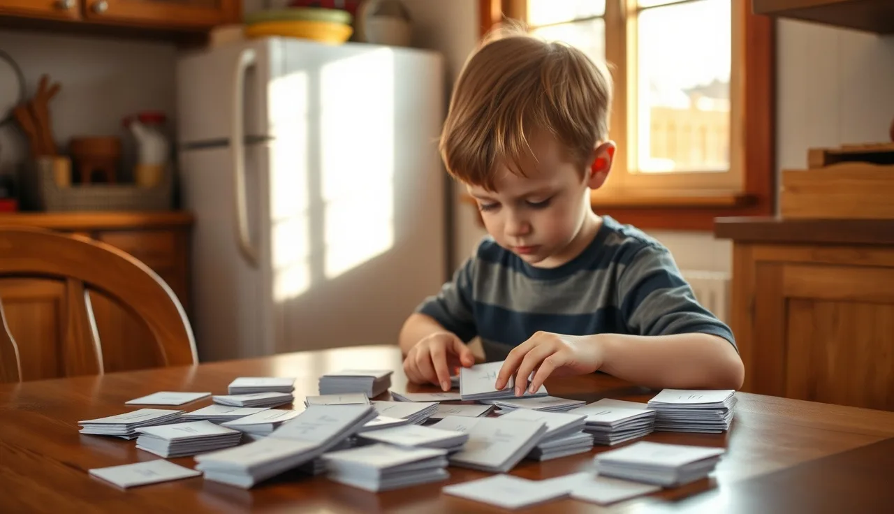 Young child sorting phonics word cards at a sunlit kitchen table