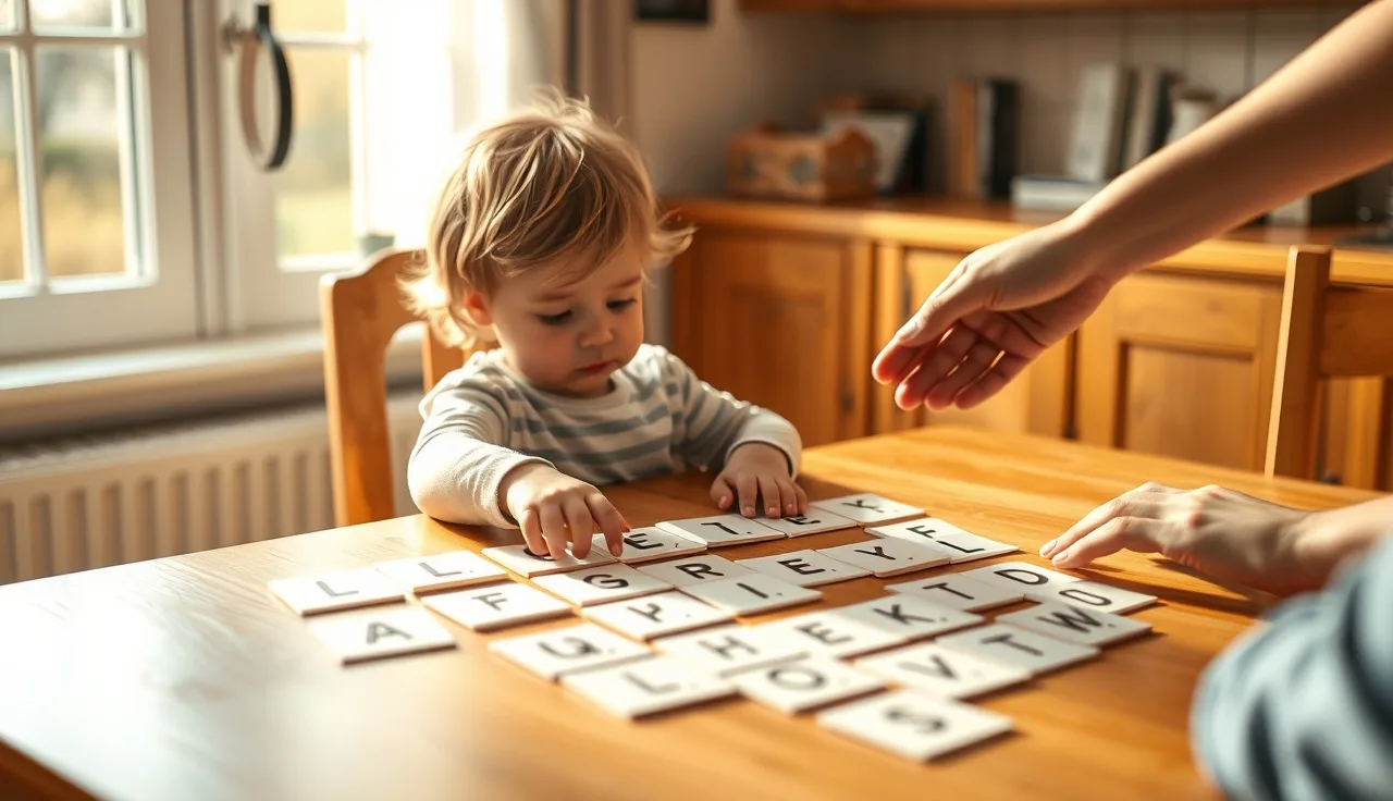 Child pointing at phonics letter cards at kitchen table with adult nearby