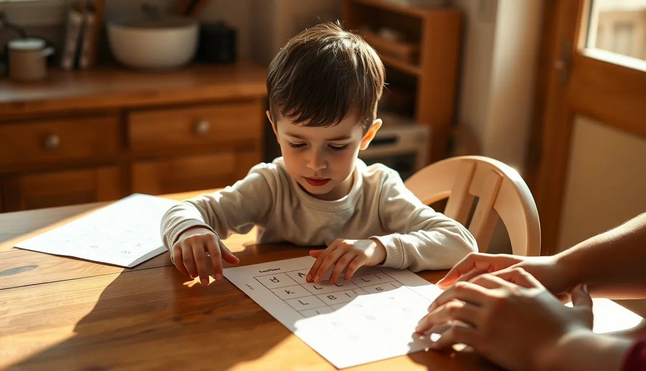 Young child pointing at letters on a phonics worksheet at home