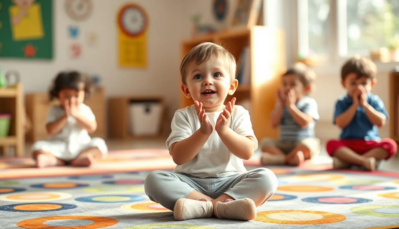 Young child clapping and singing a phonics song on a classroom rug