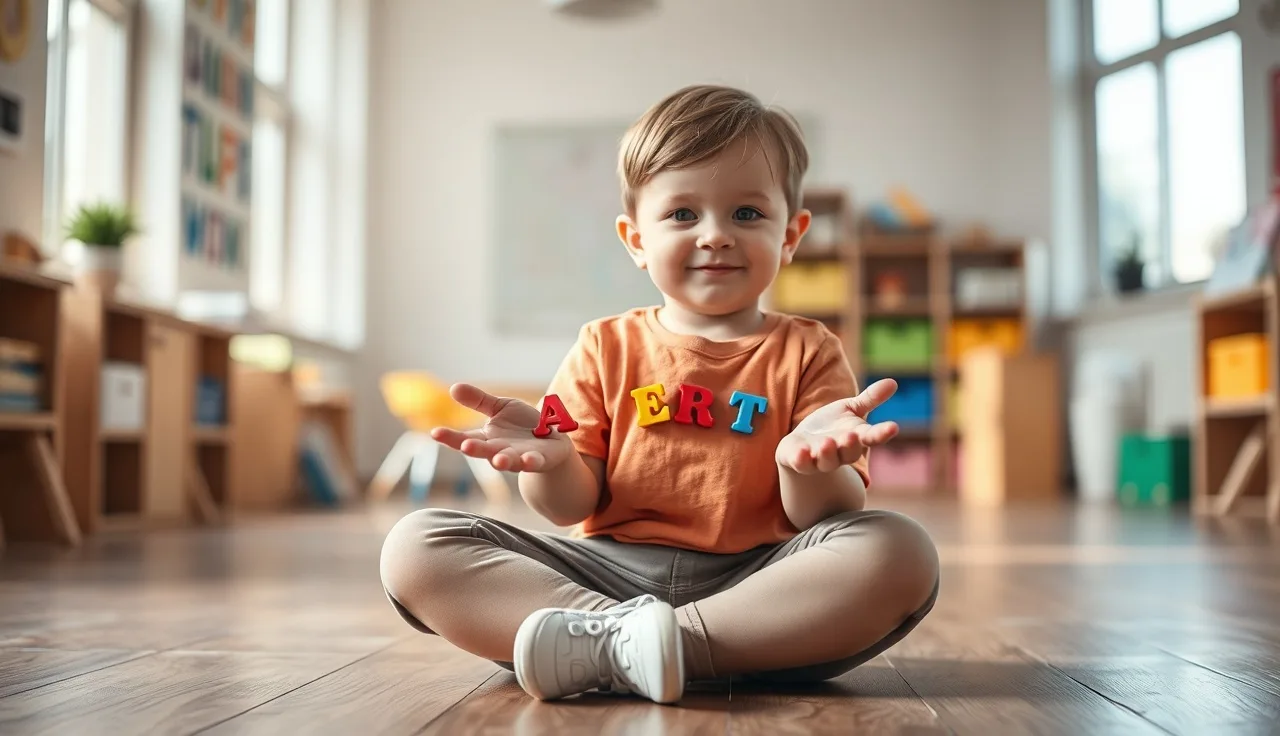 Young child holding letter tiles on a classroom floor during phonics lesson