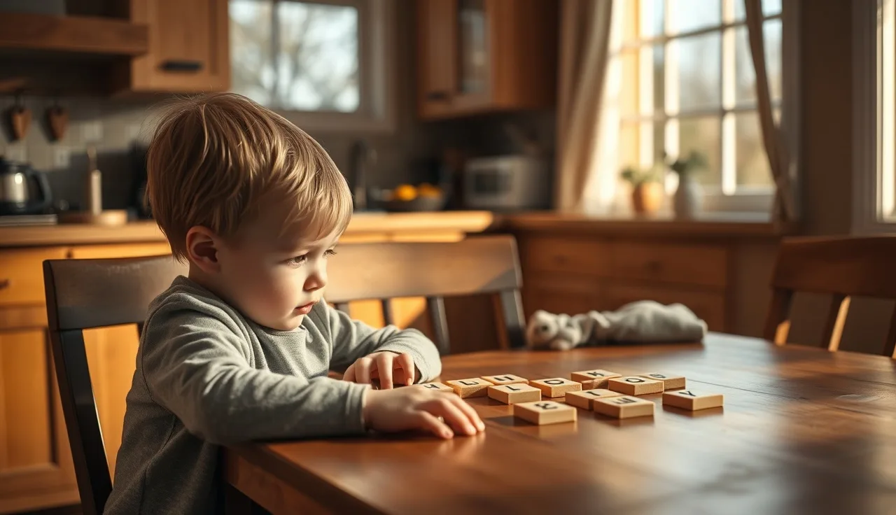 Child and adult working together with letter tiles on a kitchen table during phonics tutoring