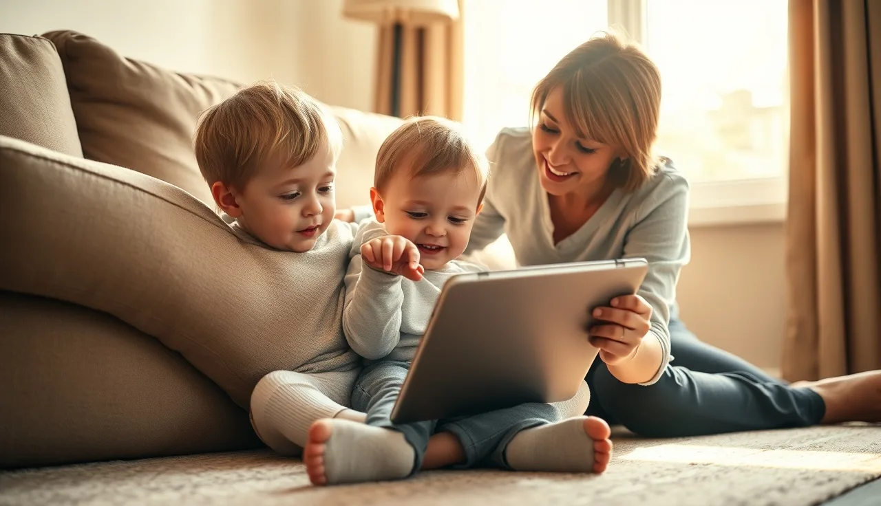Child and parent watching a phonics video together on a tablet at home