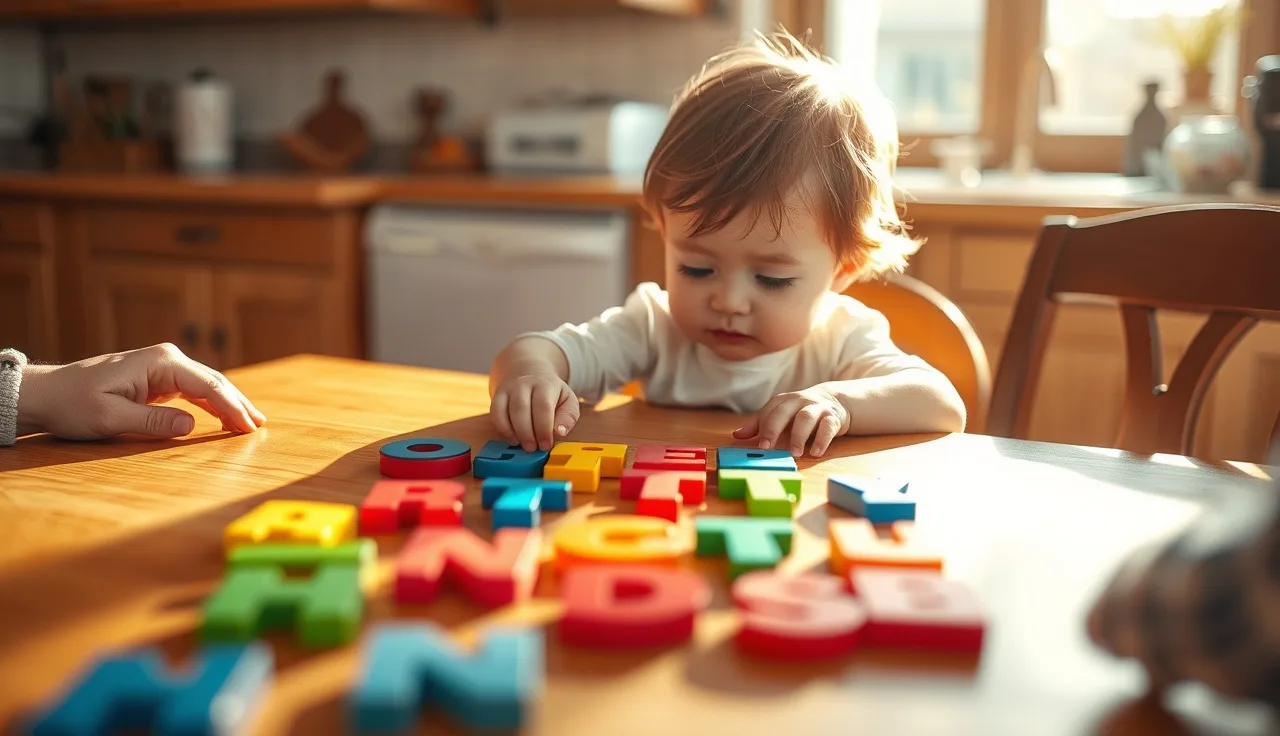 Child pointing at letter tiles on a kitchen table during early reading practice