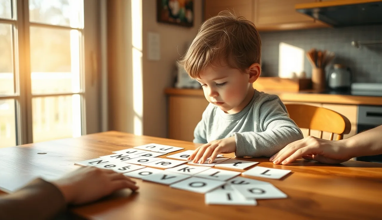 Young child pointing at phonics letter cards on a sunny kitchen table