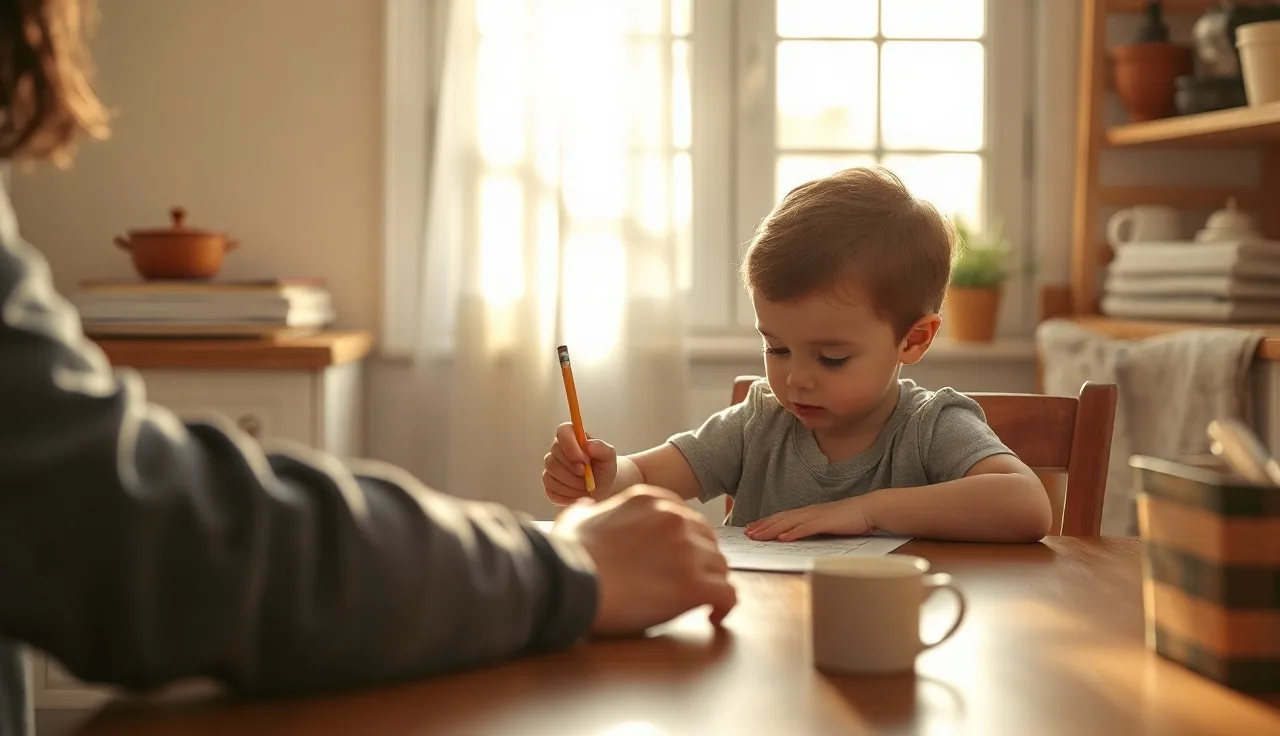 Young child working on a phonics worksheet at a kitchen table with parent nearby