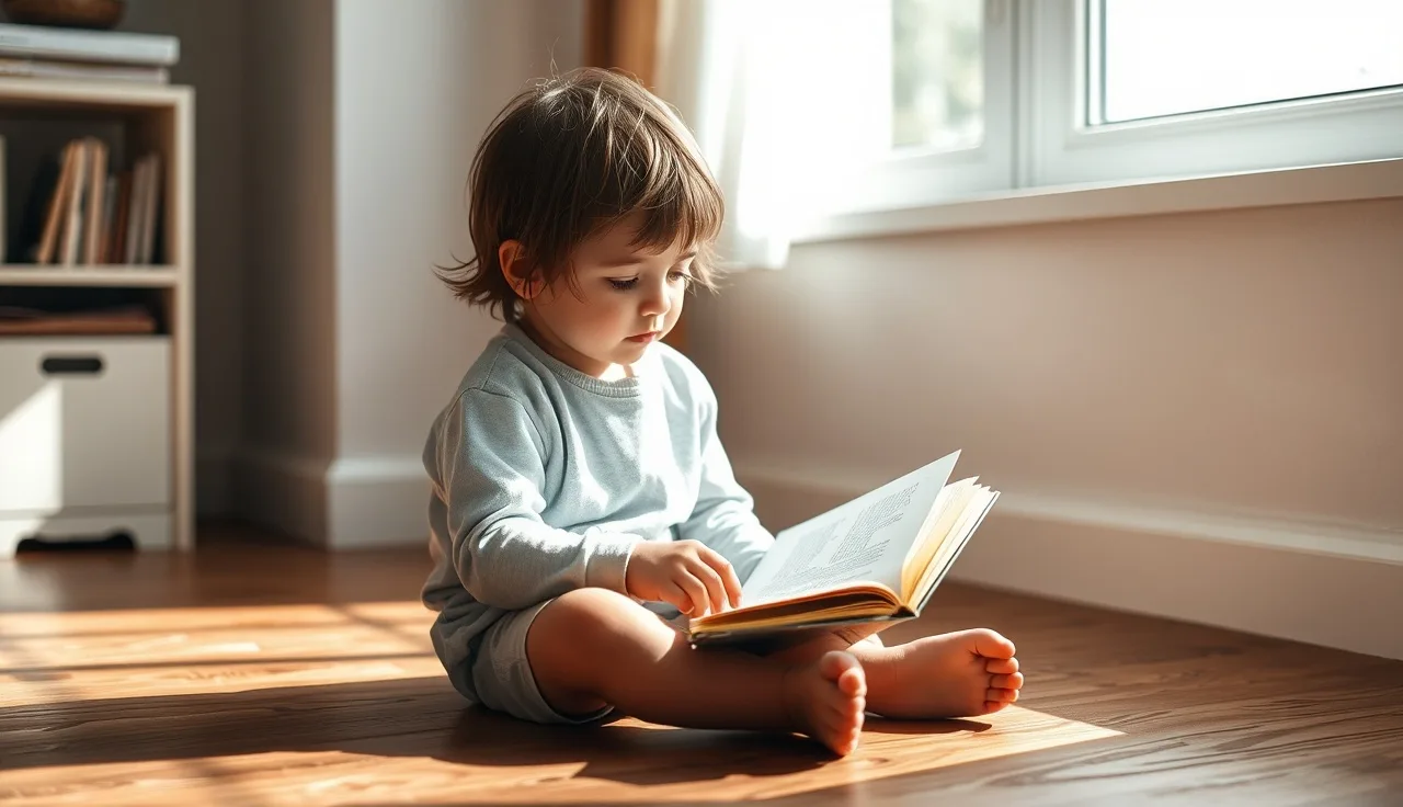 Young child reading a small decodable book by a sunny window at home