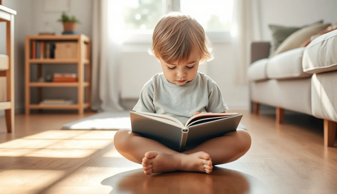 Young child reading a small book on a sunlit wooden floor at home