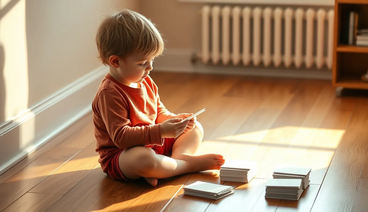 Young child examining a reading card on a sunlit wooden floor