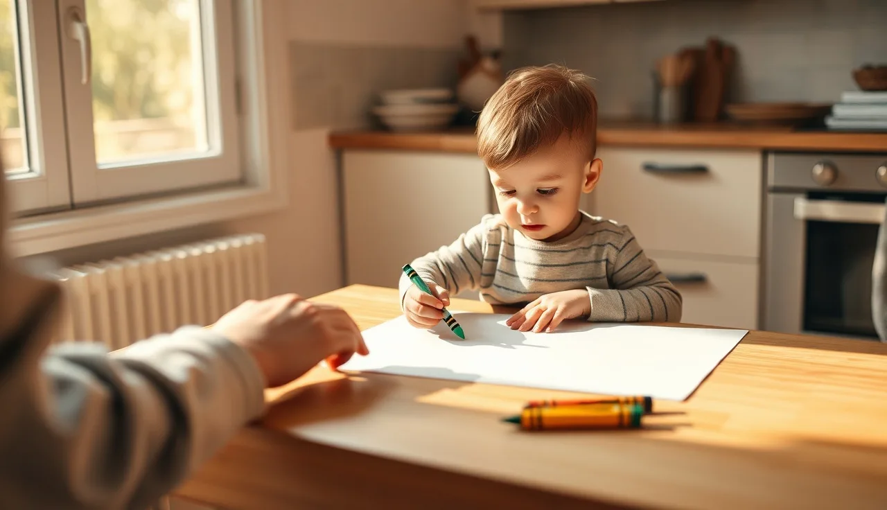 Young child tracing letters on paper at a wooden table with parent