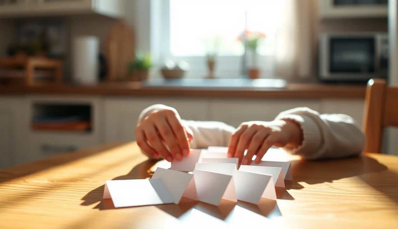 Young child's hands arranging paper word cards on a sunny kitchen table