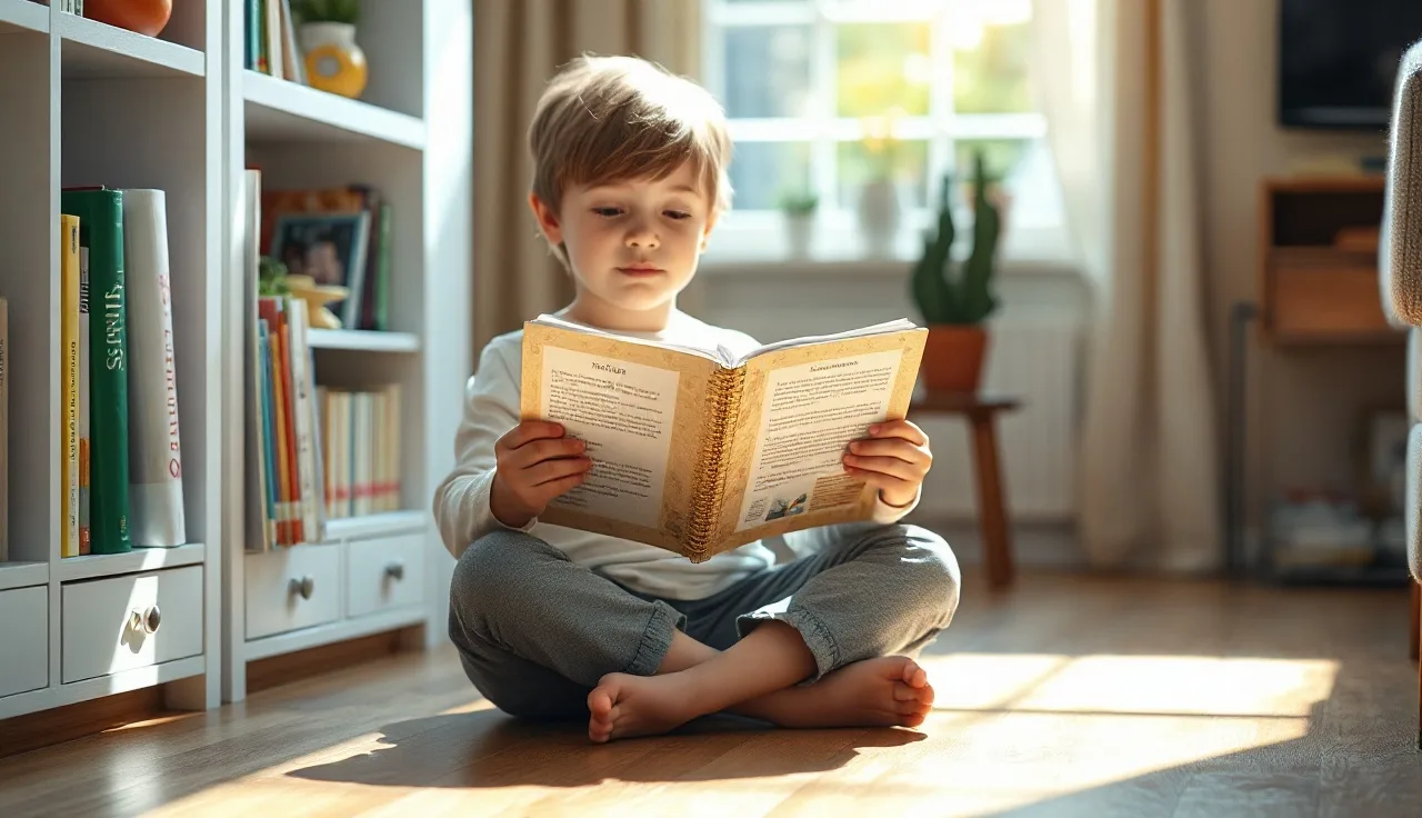 Young child reading a small handmade booklet on a sunny wooden floor at home