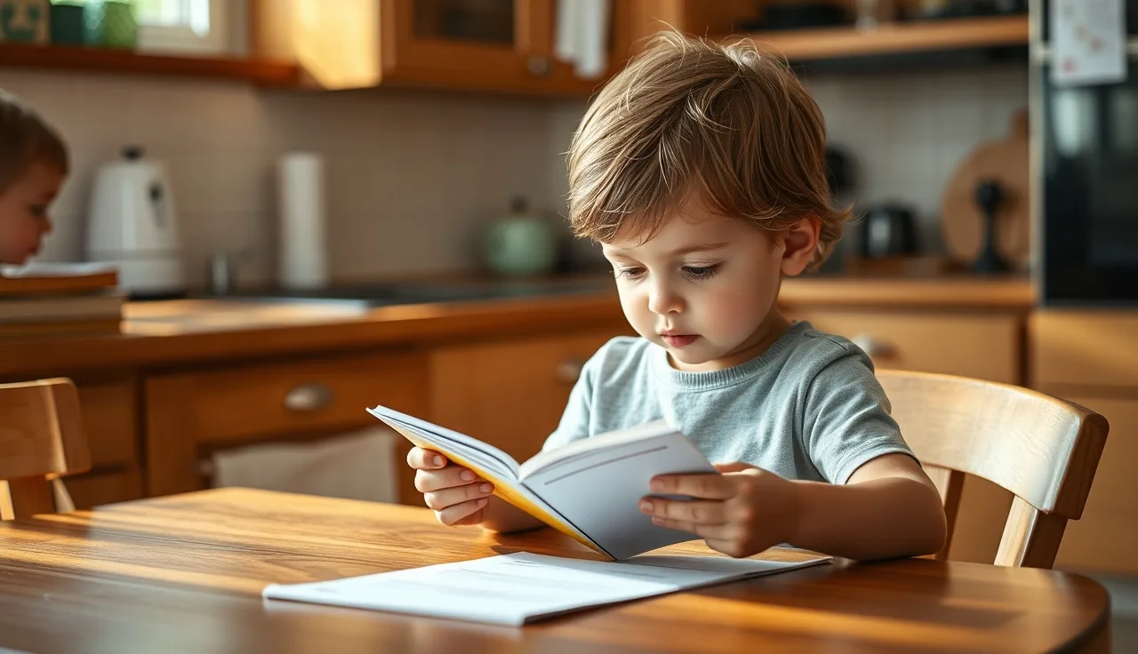 Young child reading a small folded decodable booklet at a kitchen table
