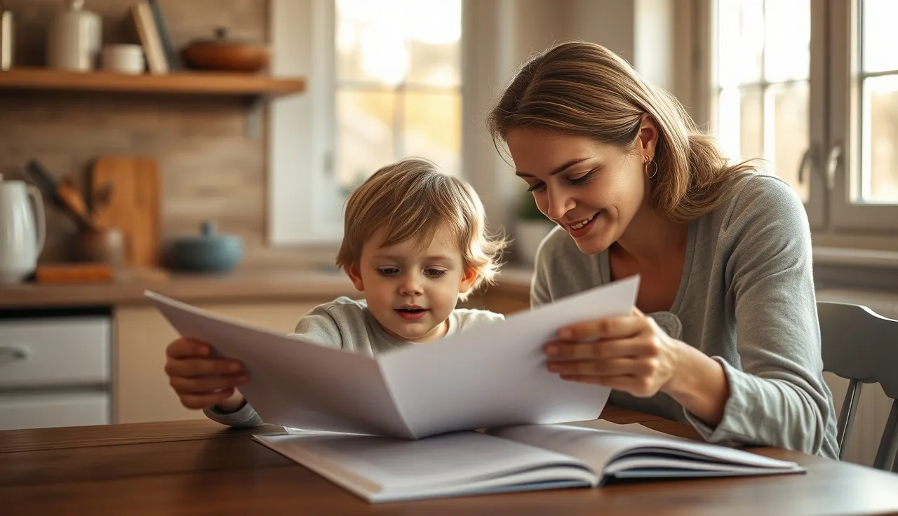 Child reading aloud from a paper while parent listens attentively at kitchen table