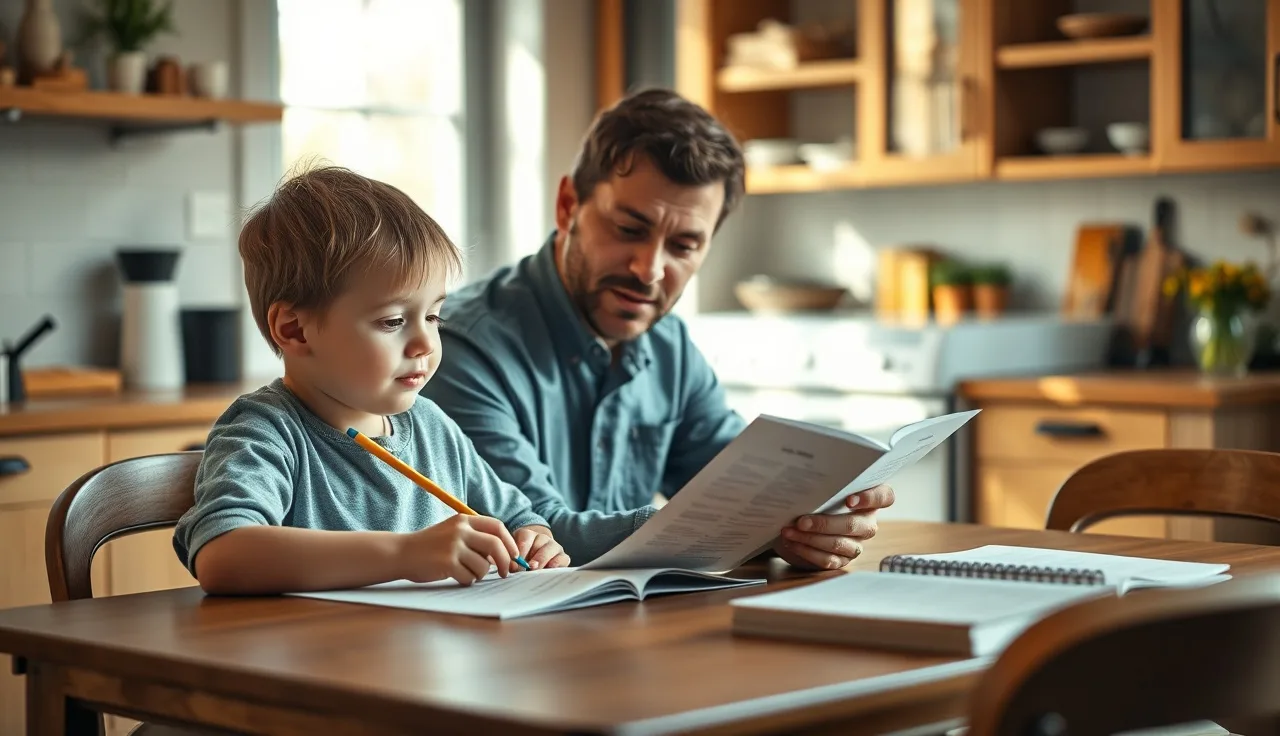 Child and adult working together on a reading lesson at a wooden table