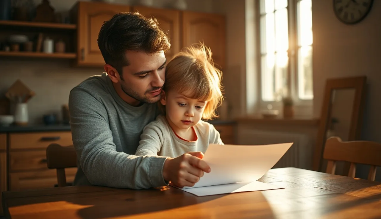 Child and adult working together on a reading activity at a kitchen table