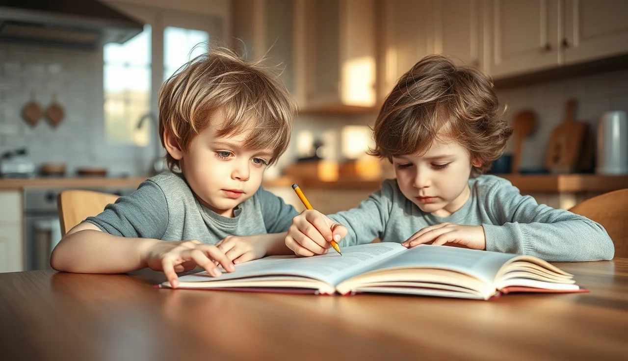 Child and adult tutor working together at a kitchen table with an open workbook