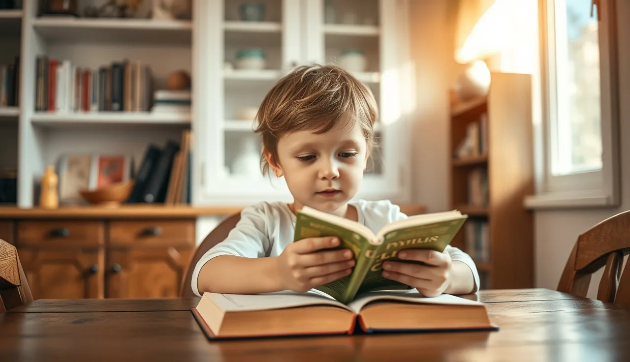 Young child reading a small paperback book at a wooden kitchen table in morning light