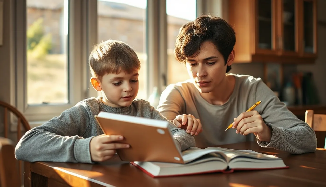 Parent and child reading aloud together at a kitchen table in morning light