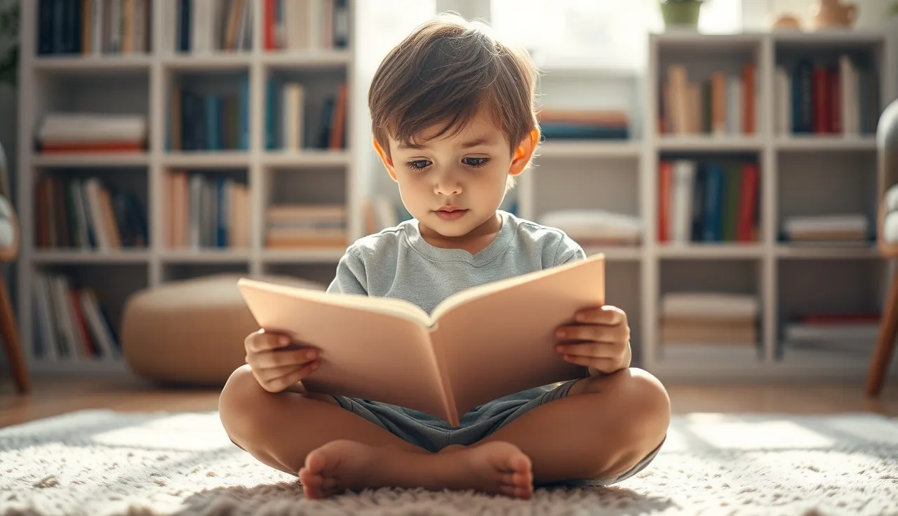 Young child reading a small decodable book on a living room rug