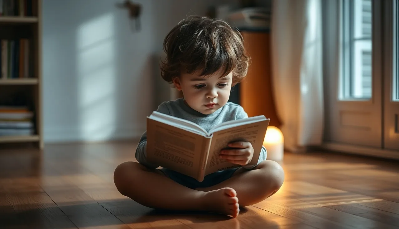 Young child reading a small book on a wooden floor in warm morning light