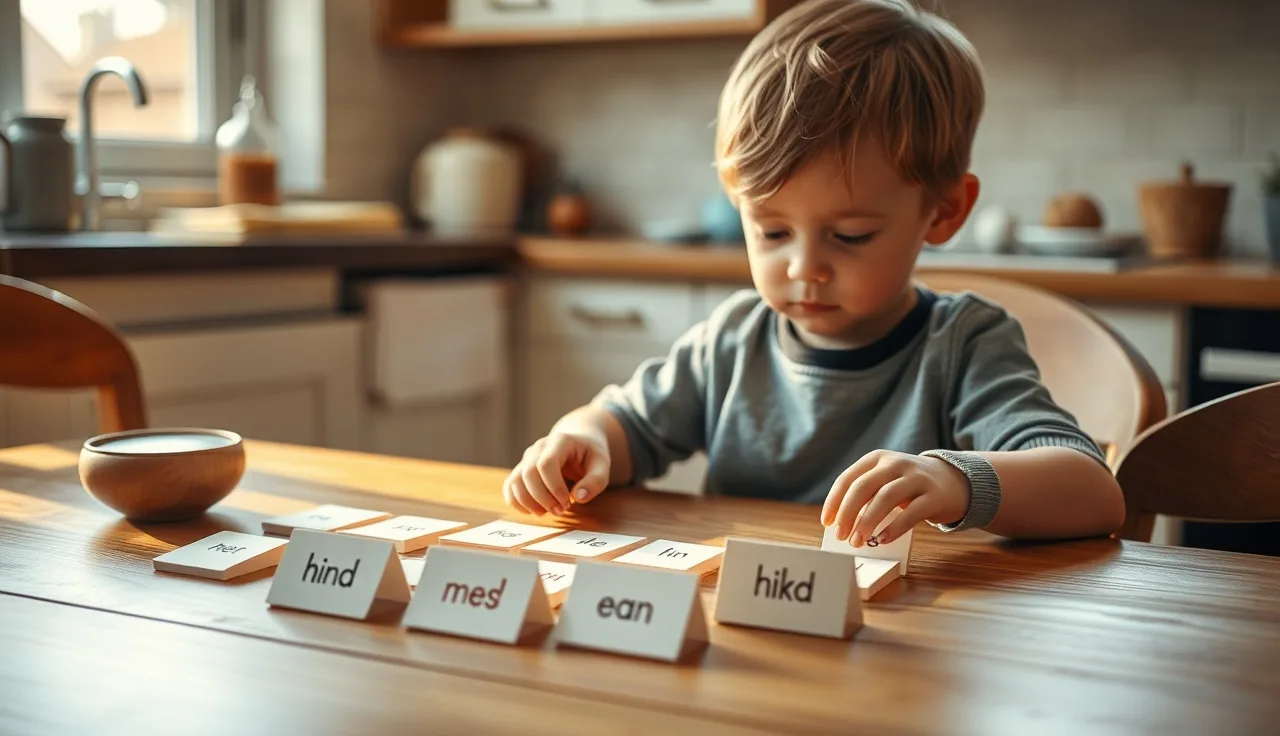 Young child arranging sight word cards on a wooden kitchen table