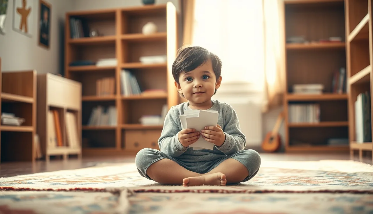 Young child reviewing paper word cards on a classroom rug in morning light