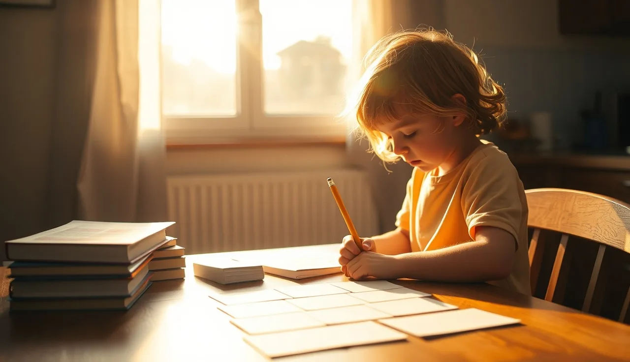Third-grade child practicing sight word cards at a sunlit kitchen table